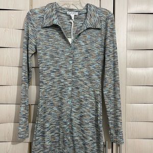 Long sleeve dress, medium, light blue with stripes light brown and navy blue.